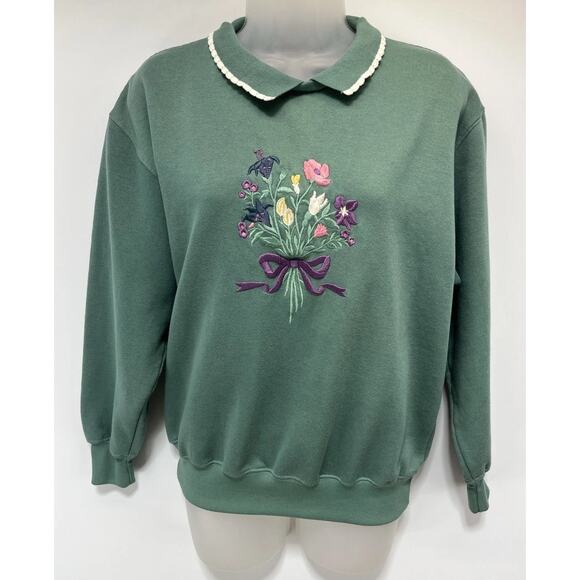 Vintage 80’s ACTIVE EXCHANGE Floral Embroidered Sweatshirt Green Sz S - Picture 1 of 6